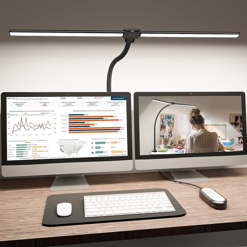 SHINETECH LED Desk Lamp for Home Office, 4000K Neutral White Double Head Architect Task Lamps with Clamp, Dimmable Adjustable Flexible,Black - Image 1